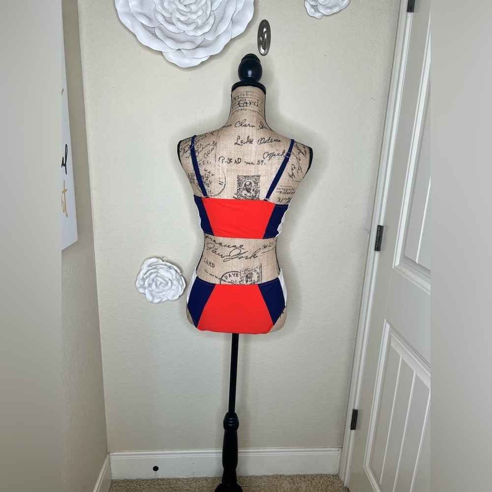 Cupshe Colorblock Bikini Set Orange Blue White Mid Rise Swim Size M - Picture 8 of 16
